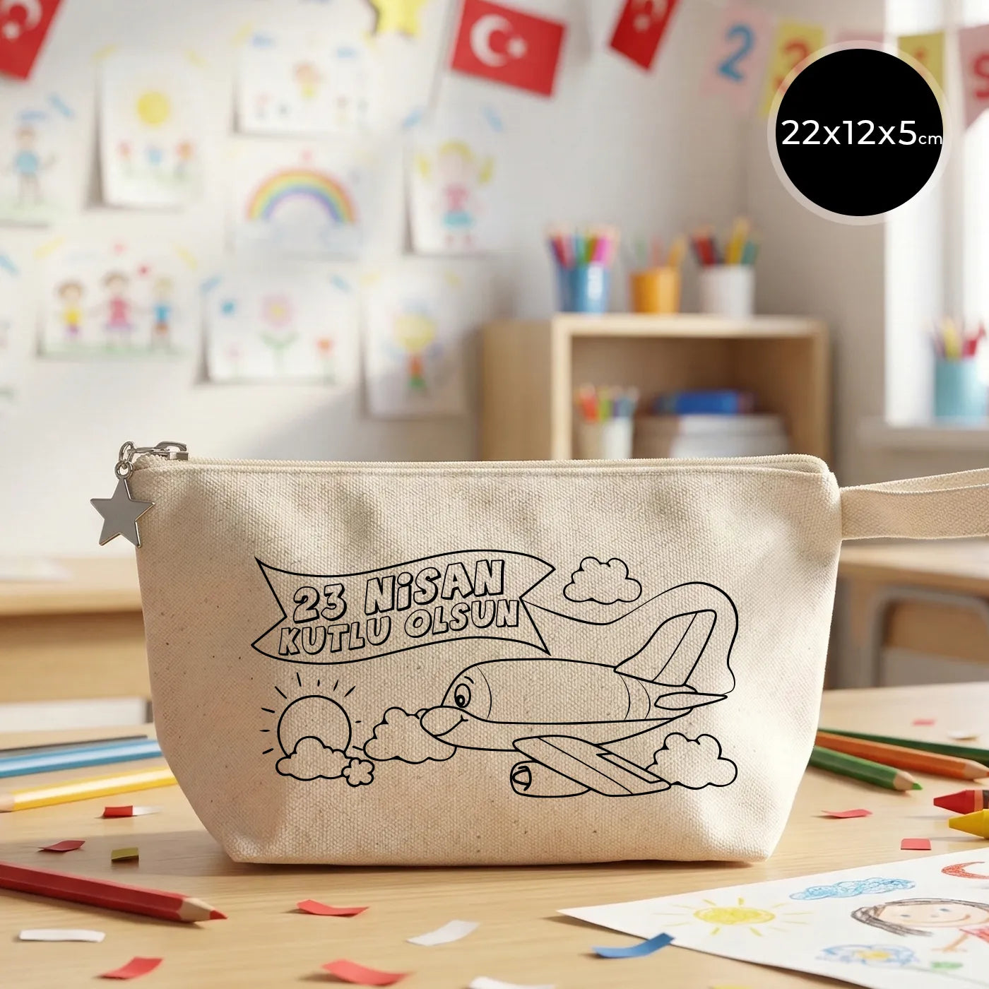 Boyanabilir körüklü kanvas kalemlik 22x12x5 cm, 23 Nisan hediyesi