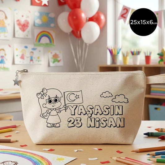 Boyanabilir körüklü kanvas kalemlik 25x15x6 cm, 23 Nisan hediyesi için ideal - ham renk, 320gr kanvas kumaş