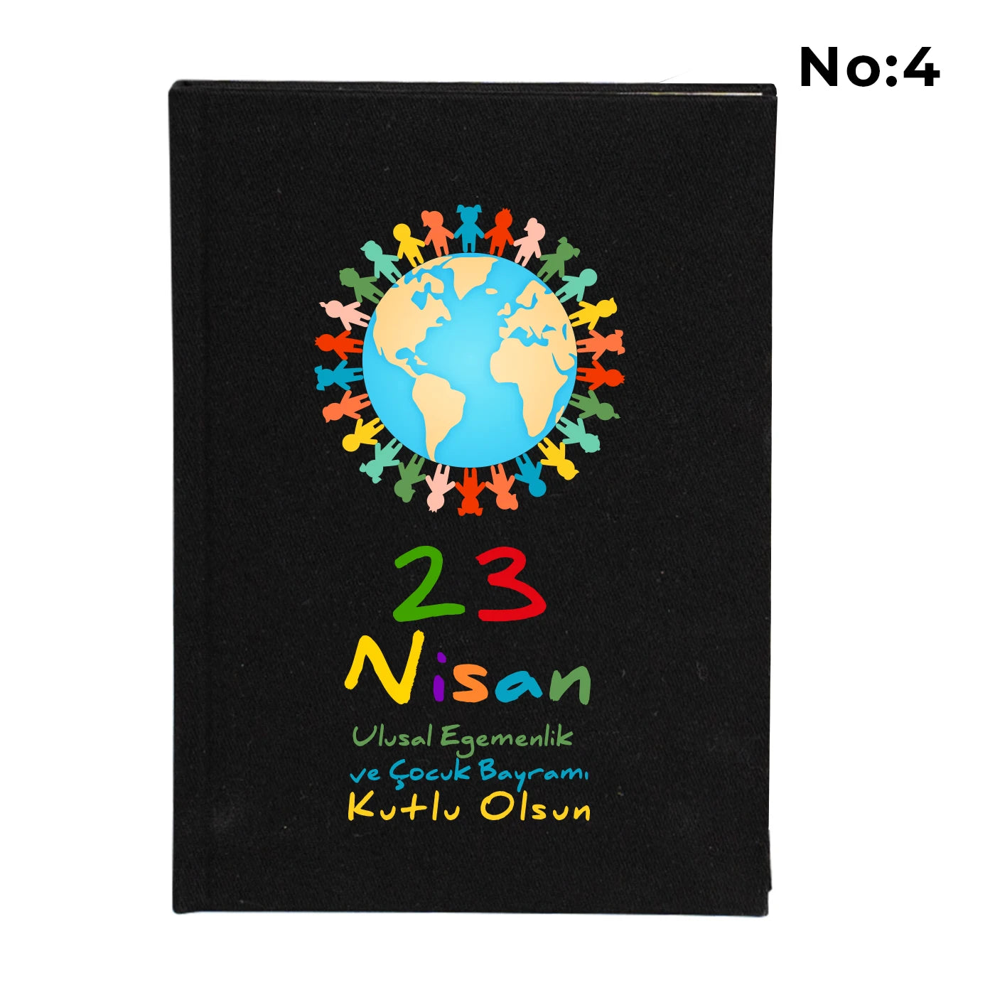 Siyah bez kaplı defter kapağı üzerinde renkli “23 Nisan Kutlu Olsun” yazı tasarımı bulunan çocuk temalı hediye defter.