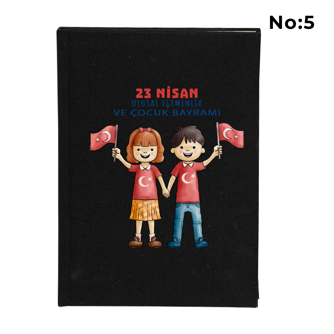 Siyah bez kaplı defter kapağı üzerinde renkli “23 Nisan Kutlu Olsun” yazı tasarımı bulunan çocuk temalı hediye defter.