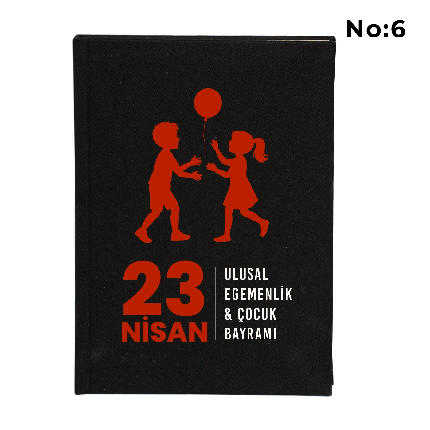 Siyah bez kaplı defter kapağı üzerinde renkli “23 Nisan Kutlu Olsun” yazı tasarımı bulunan çocuk temalı hediye defter.