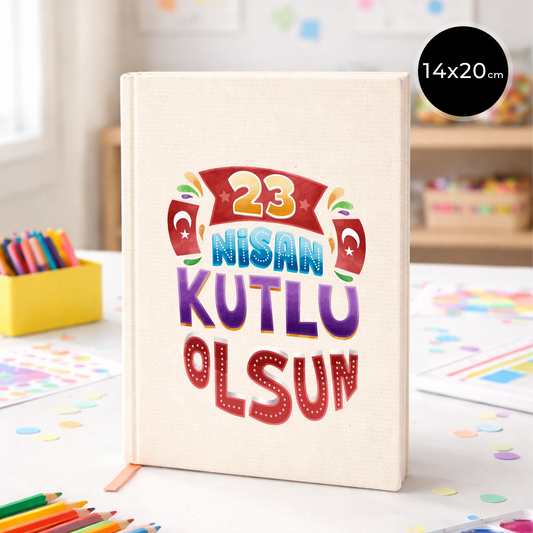 14x20 cm bez kaplı defter üzerinde renkli “23 Nisan Kutlu Olsun” yazı tasarımı bulunan çocuk temalı hediye defter.