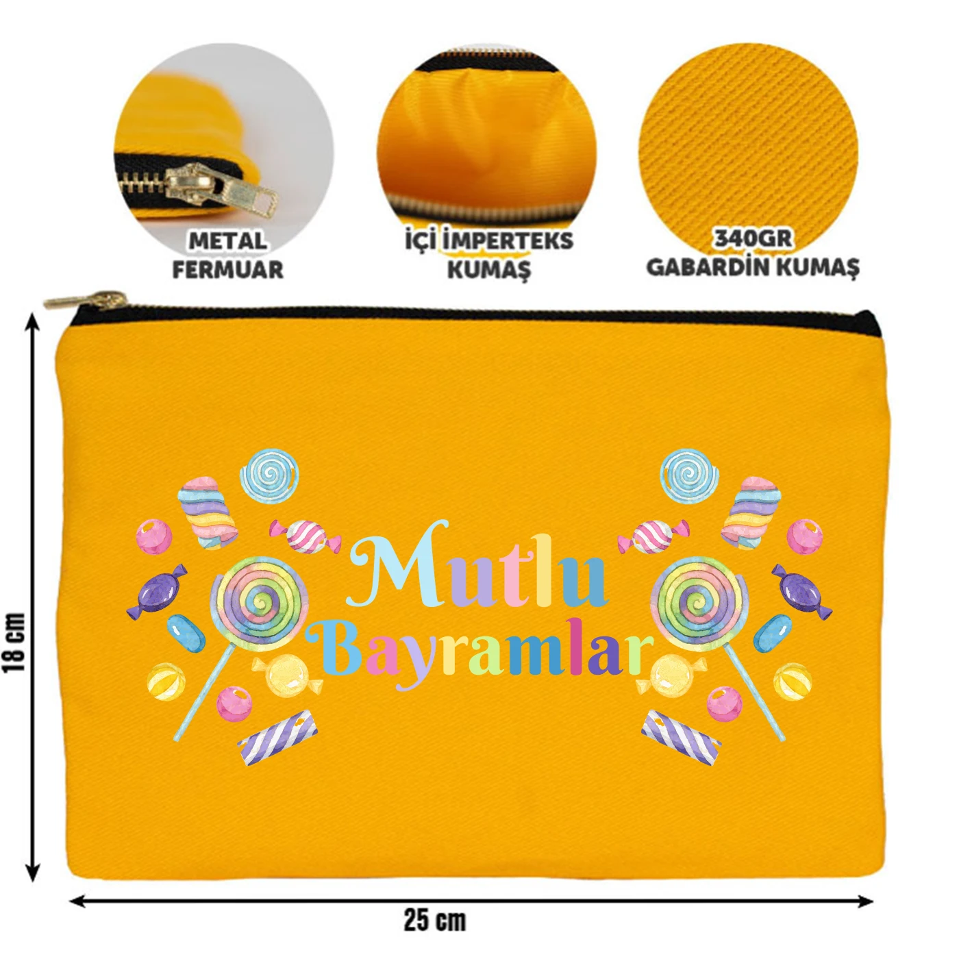 25x18 cm Sarı Metal Fermuarlı Kalemlik - Harçlık & Şeker Kesesi