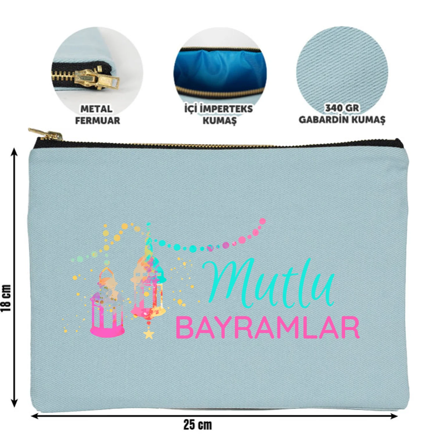 25x18 cm Açık Mavi Metal Fermuarlı Kalemlik - Harçlık & Şeker Kesesi