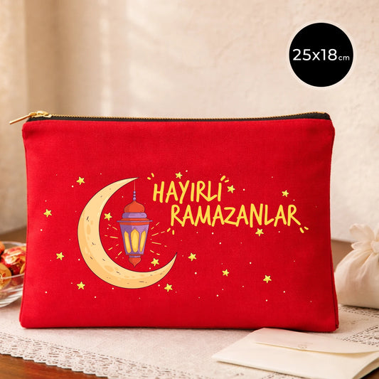 25x18 cm kırmızı kanvas clutch çanta, siyah fermuarlı, hilal ve fener desenli “Hayırlı Ramazanlar” baskılı