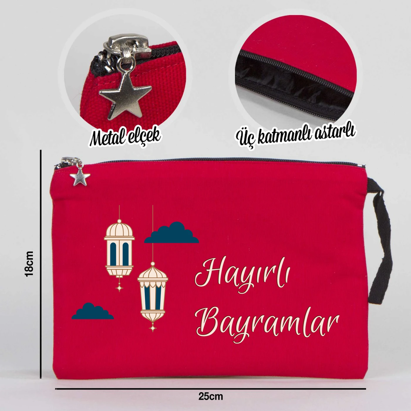 25x18 cm Kırmızı Astarlı Kanvas Kalemlik - Harçlık & Şeker Kesesi