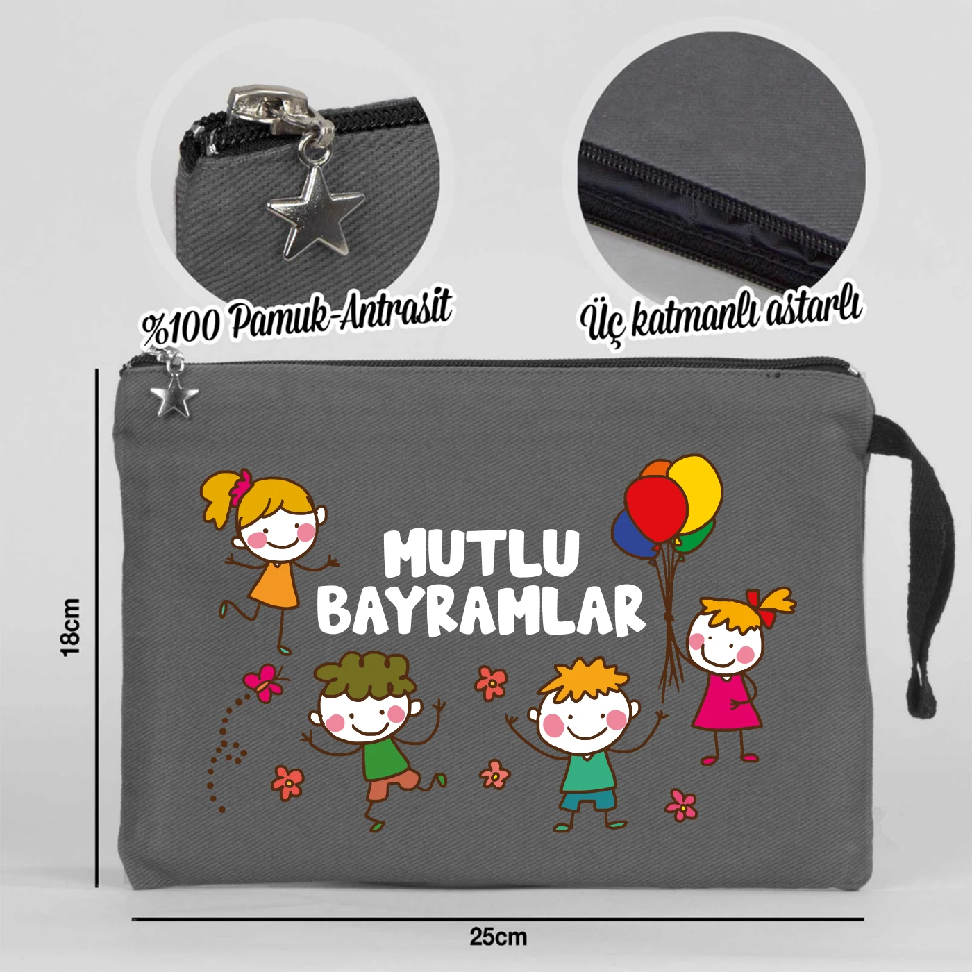 25x18 cm Antrasit Astarlı Kanvas Kalemlik - Bayram Harçlık Cüzdanı