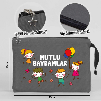 25x18 cm Antrasit Astarlı Kanvas Kalemlik - Bayram Harçlık Cüzdanı