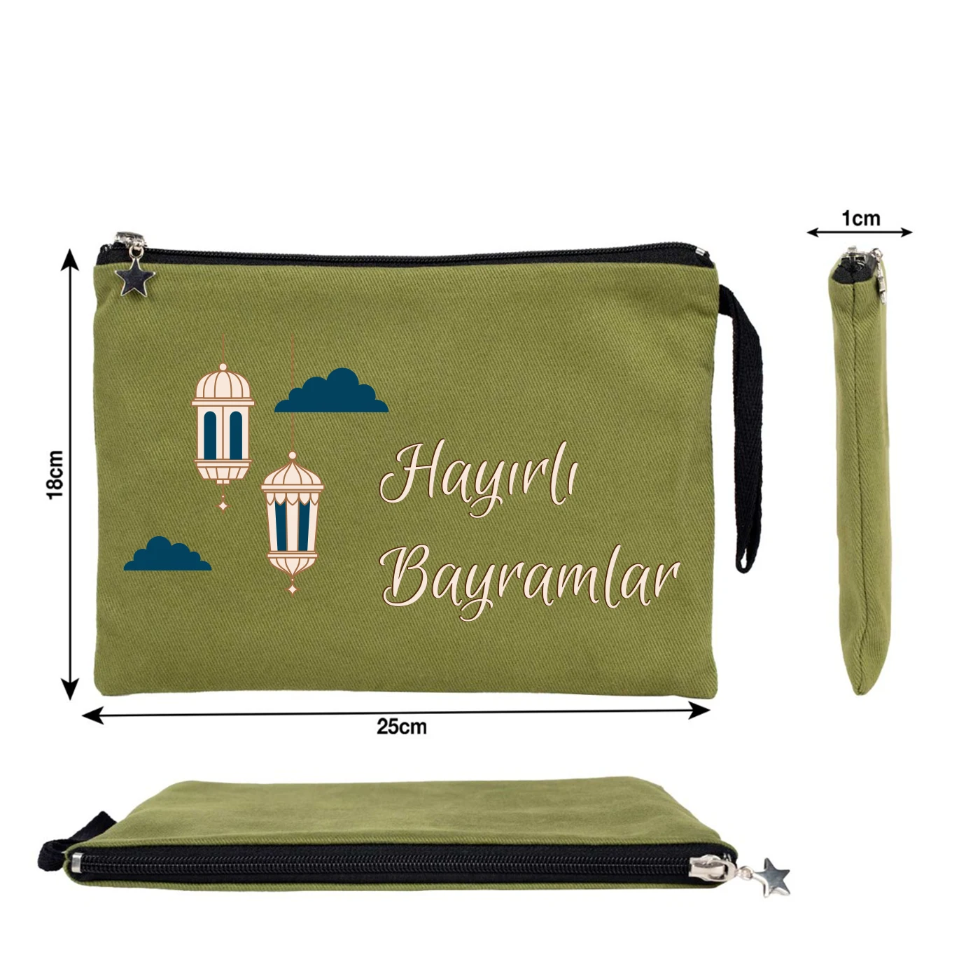 25x18 cm Yeşil Astarlı Kanvas Kalemlik - Harçlık & Şeker Kesesi