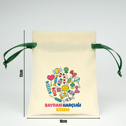 10x13 cm ölçülerinde, yeşil büzgü ipli, cami ve ay figürlü Harçlık Kesesi baskılı bez harçlık kesesi