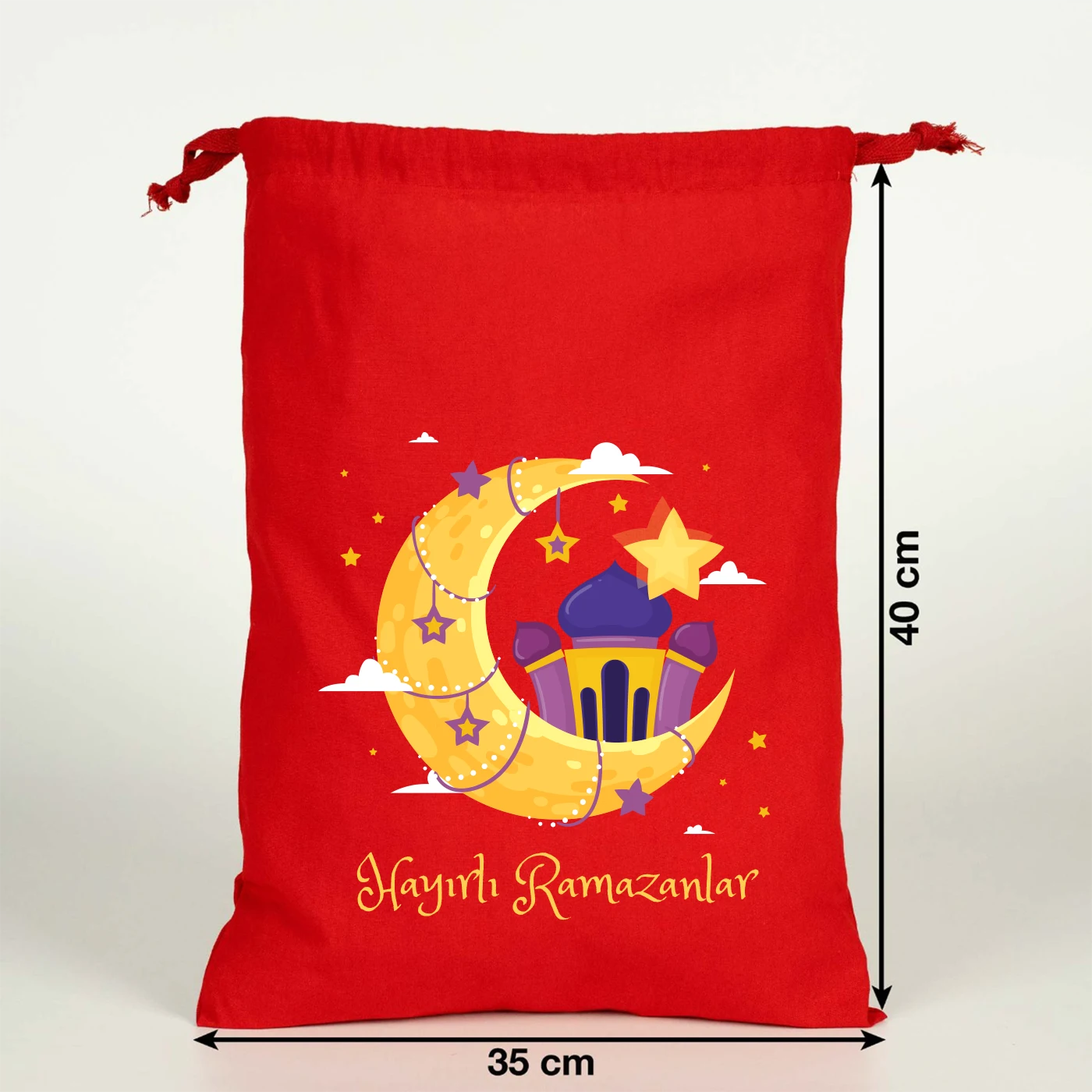 Kırmızı bez büzgülü çanta 30x40 cm, ay-bulut ve yıldız illüstrasyonlu, Hayırlı Bayramlar baskılı büyük boy çanta