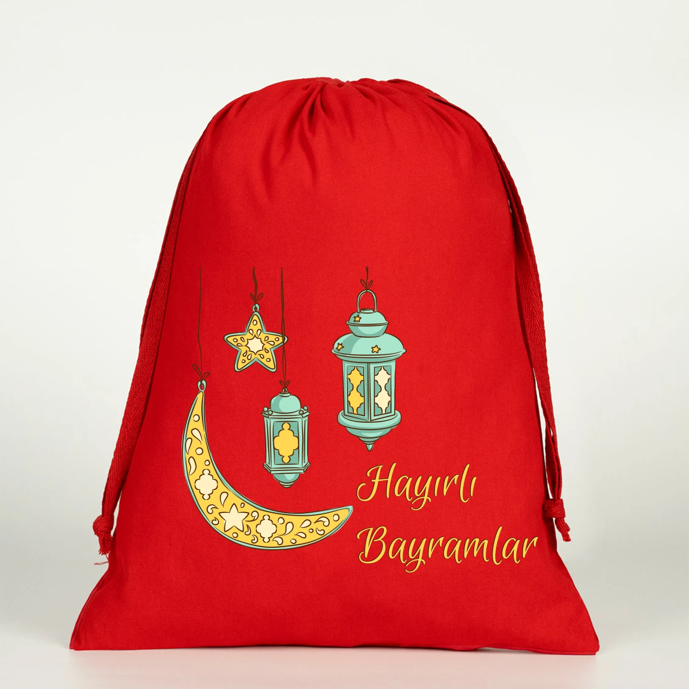 Kırmızı bez büzgülü çanta 30x40 cm, ay-bulut ve yıldız illüstrasyonlu, “Hayırlı Bayramlar” baskılı büyük boy çanta