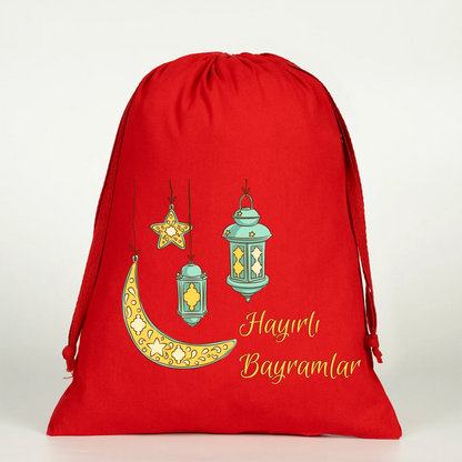 Kırmızı bez büzgülü çanta 30x40 cm, ay-bulut ve yıldız illüstrasyonlu, “Hayırlı Bayramlar” baskılı büyük boy çanta