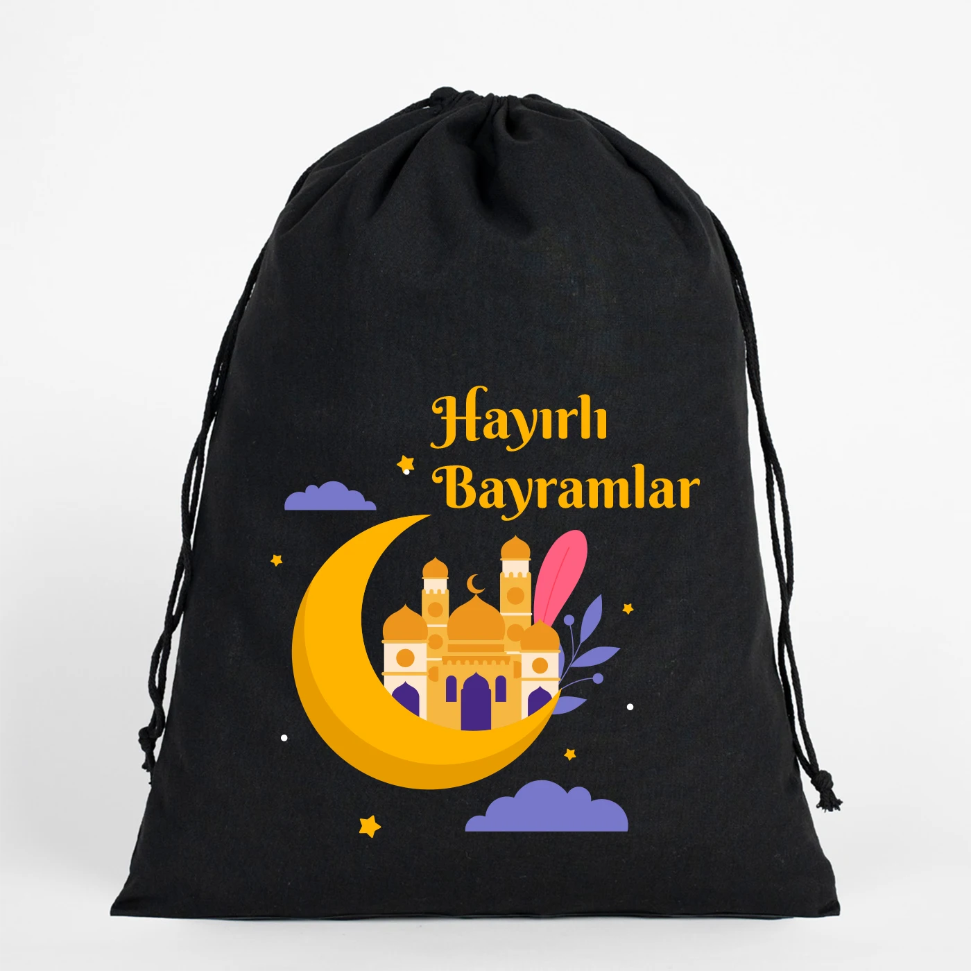 30x40 cm siyah büzgülü bez kese, ay-yıldız ve fener desenli Hayırlı Ramazanlar yazılı Ramazan kese