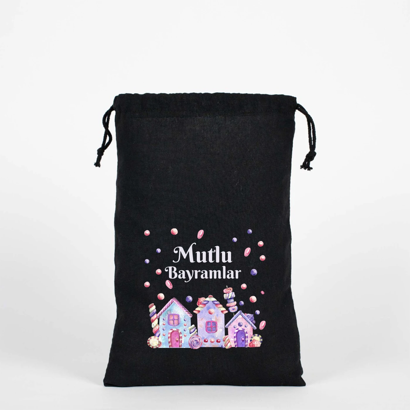 Bayram çantası 20x30 siyah kumaş kese, ip büzgülü, fenerli ve hediye kutulu “Hayırlı Bayramlar” baskılı