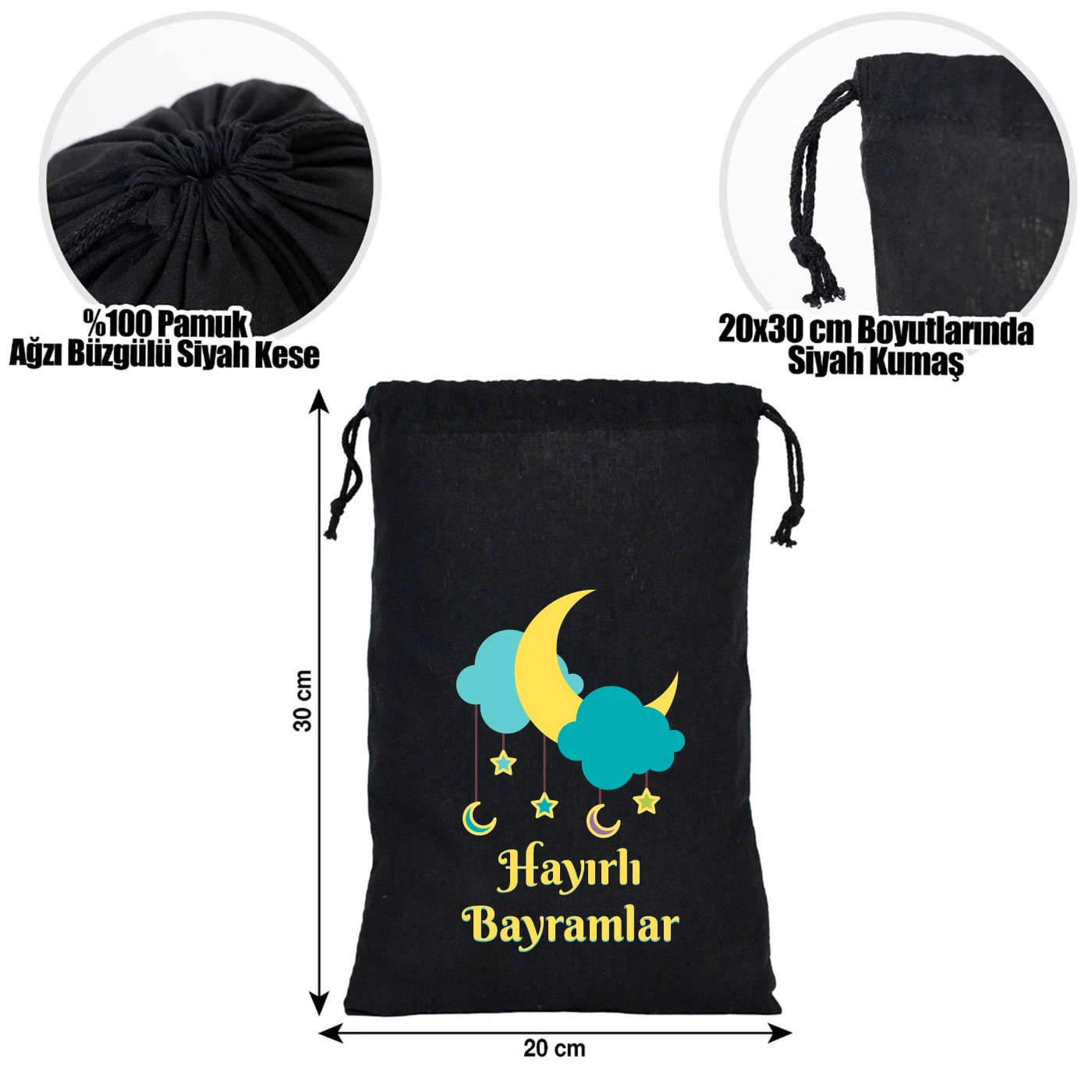 Bayram çantası 20x30 cm siyah kumaş kese, ip büzgülü, fenerli ve hediye kutulu Hayırlı Bayramlar baskılı