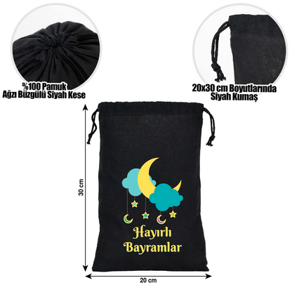 Bayram çantası 20x30 cm siyah kumaş kese, ip büzgülü, fenerli ve hediye kutulu Hayırlı Bayramlar baskılı