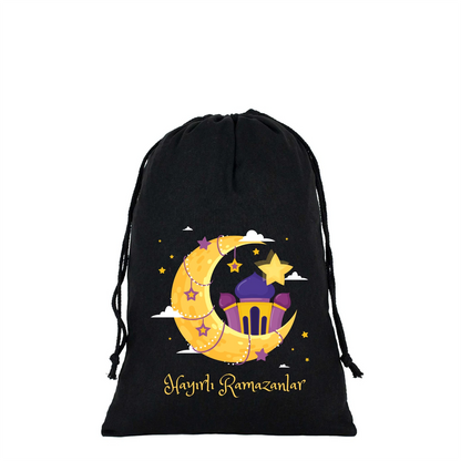 Bayram çantası 20x30 cm siyah kumaş kese, ip büzgülü, fenerli ve hediye kutulu Hayırlı Bayramlar baskı
