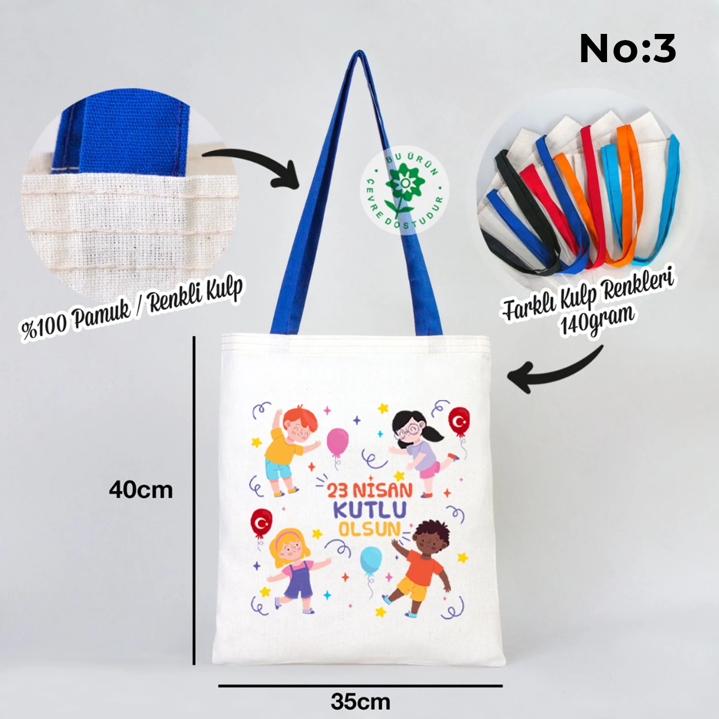 35x40 cm ham bez çanta üzerinde dünya etrafında renkli çocuk figürleri ve “23 Nisan Ulusal Egemenlik ve Çocuk Bayramı Kutlu Olsun” yazısı bulunan, mavi kulplu 23 Nisan temalı bez çanta.