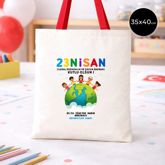 35x40 cm Kırmızı Kulp Ham Bez Çanta Baskılı - 23 Nisan Hediyesi (Okul-Sınıf Baskılı)