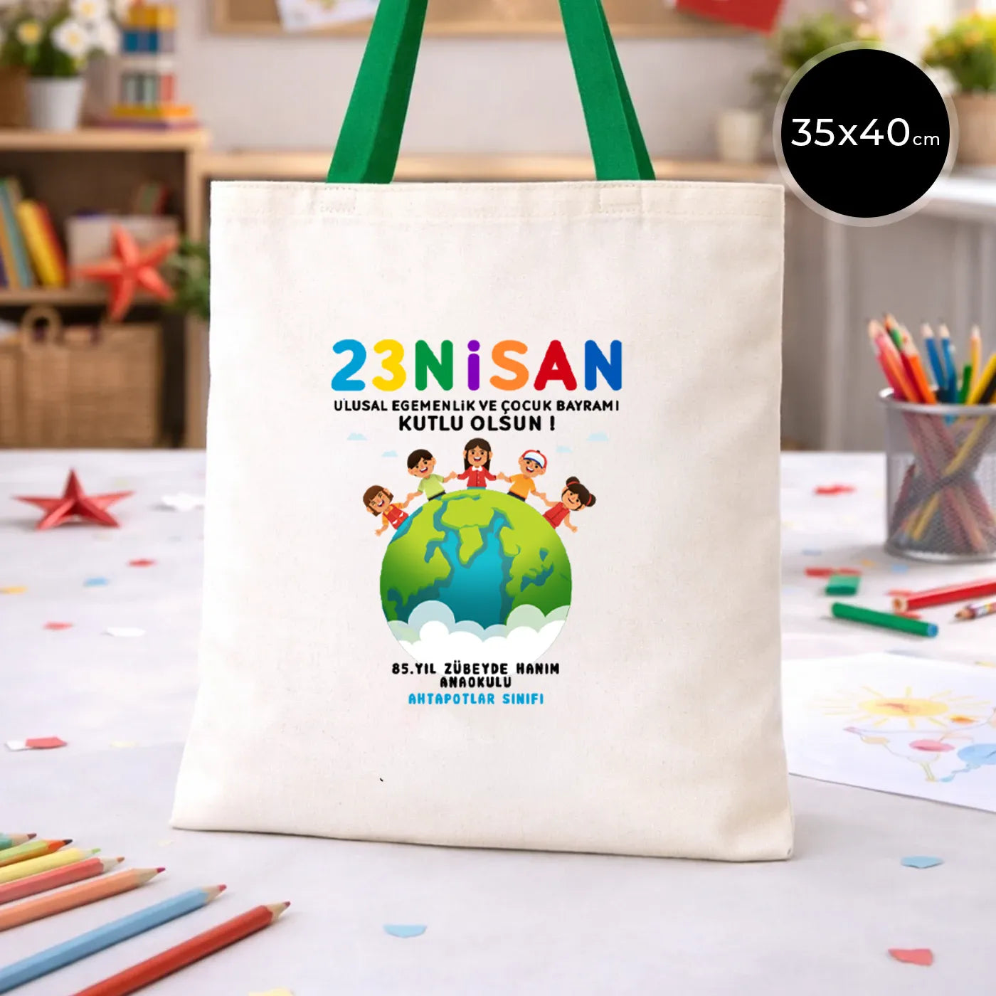 35x40 cm Yeşil Kulp Ham Bez Çanta Baskılı - 23 Nisan Hediyesi (Okul-Sınıf Baskılı)