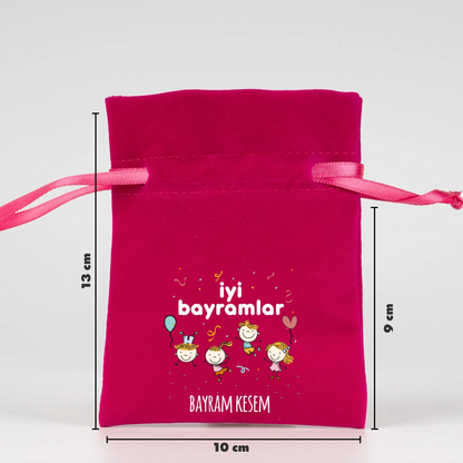 Bayram harçlık kesesi 10x13 cm fuşya kadife kesesi, renkli şeker motifli “Harçlık Kesem” baskı ve kurdele bağcık