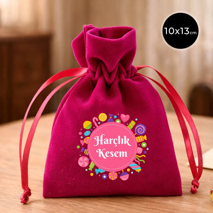 Bayram harçlık kesesi 10x13 cm fuşya kadife kese, renkli şeker motifli “Harçlık Kesem” baskı ve kurdele bağcık