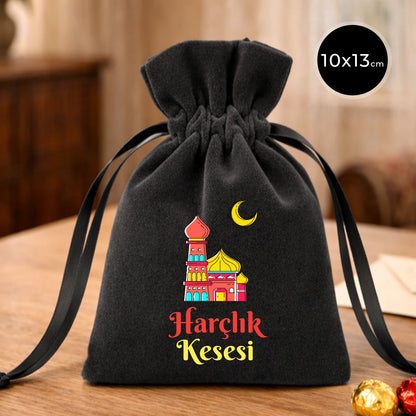 10x13 cm koyu gri kadife gül kese, siyah kurdeleli büzgülü ağız, cami ve hilal desenli “Harçlık Kesesi” baskı