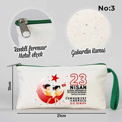 23 Nisan hediyesi yeşil fermuarlı bez kalemlik 21x10 cm