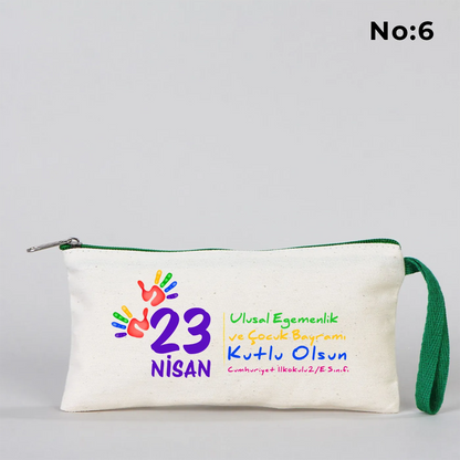 23 Nisan hediyesi yeşil fermuarlı bez kalemlik 21x10 cm
