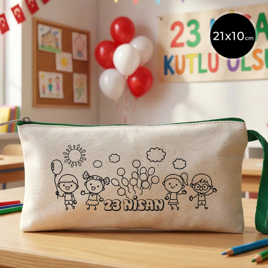 Boyanabilir bez kalemlik yeşil fermuarlı 21x10 cm - 23 Nisan hediyesi