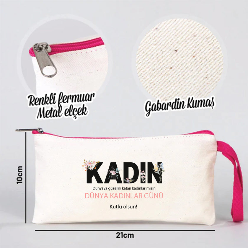 21x10 cm Fuşya Fermuarlı Bez Kese - Kadınlar Günü Hediyesi
