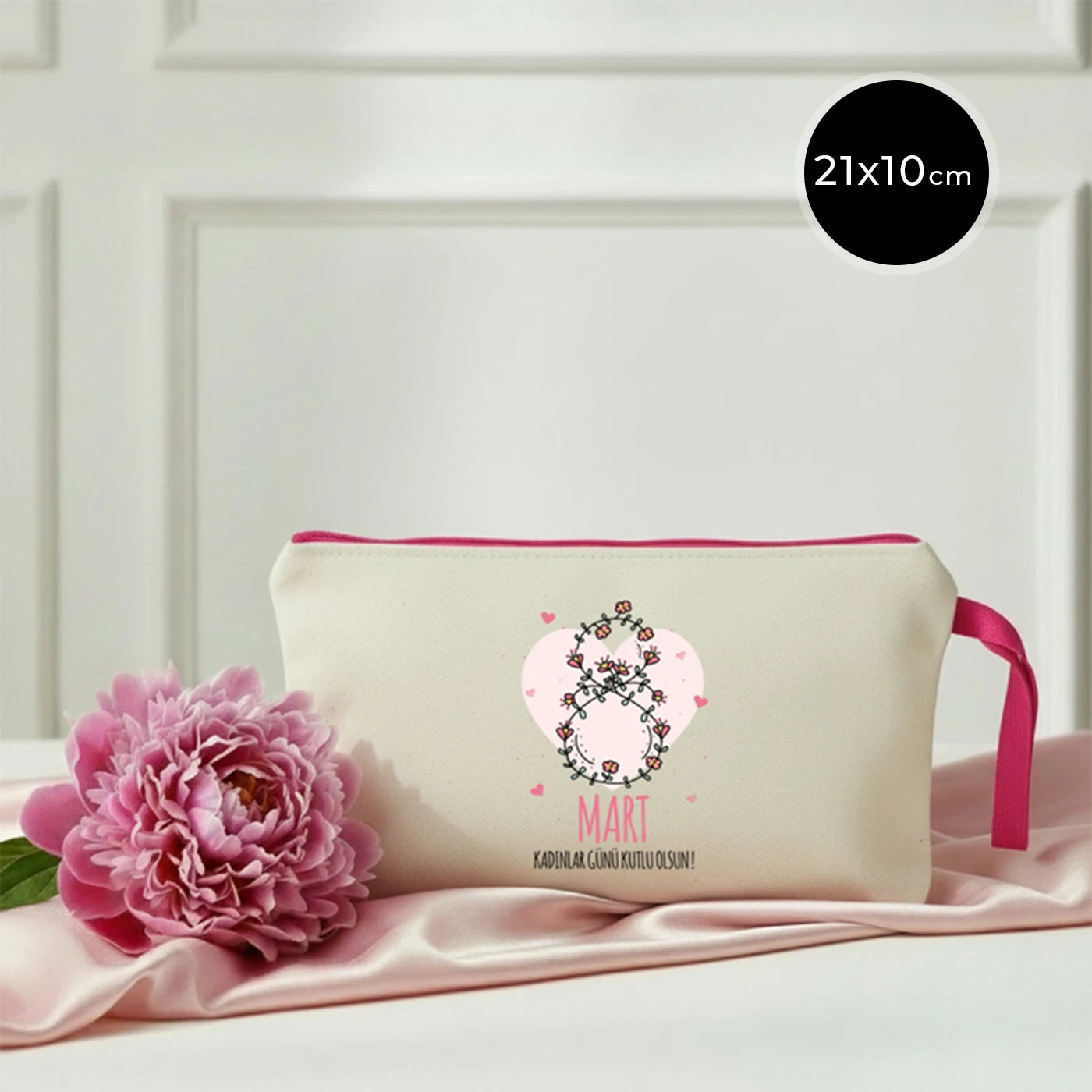 21x10 cm Fuşya Fermuarlı Bez Kese - Kadınlar Günü Hediyesi
