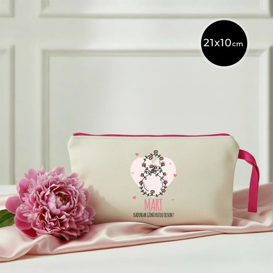 21x10 cm Fuşya Fermuarlı Bez Kese - Kadınlar Günü Hediyesi
