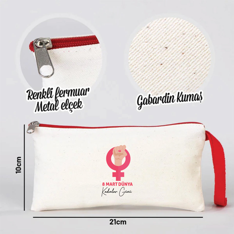 21x10 cm Kırmızı Fermuarlı Bez Kese - Kadınlar Günü Hediyesi
