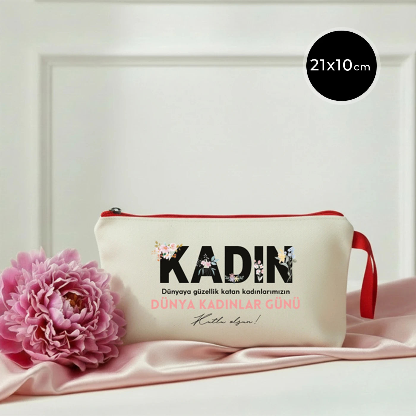 21x10 cm Kırmızı Fermuarlı Bez Kese - Kadınlar Günü Hediyesi