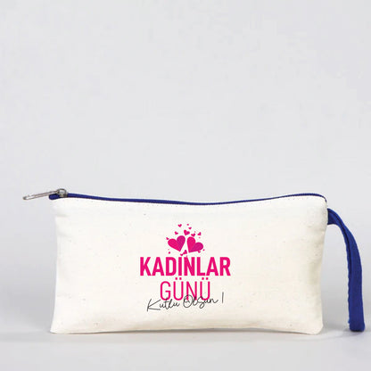 21x10 cm Saks Mavi Fermuarlı Bez Kese - Kadınlar Günü Hediyesi