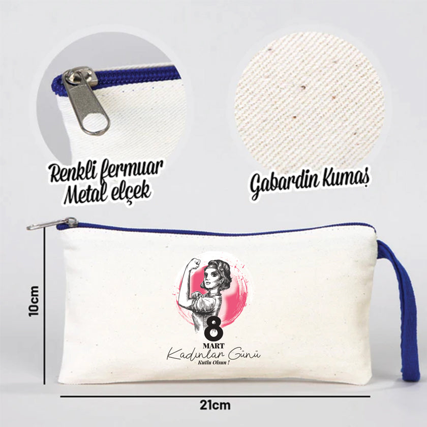 21x10 cm Saks Mavi Fermuarlı Bez Kese - Kadınlar Günü Hediyesi