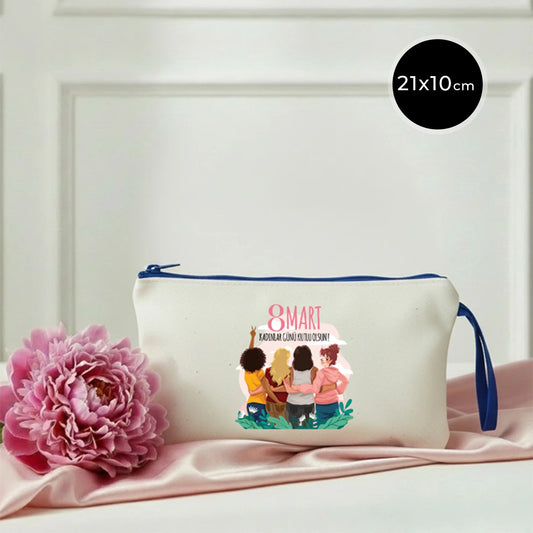 21x10 cm Saks Mavi Fermuarlı Bez Kese - Kadınlar Günü Hediyesi