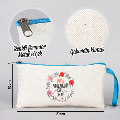 21x10 cm Turkuaz Fermuarlı Bez Kese - Kadınlar Günü Hediyesi