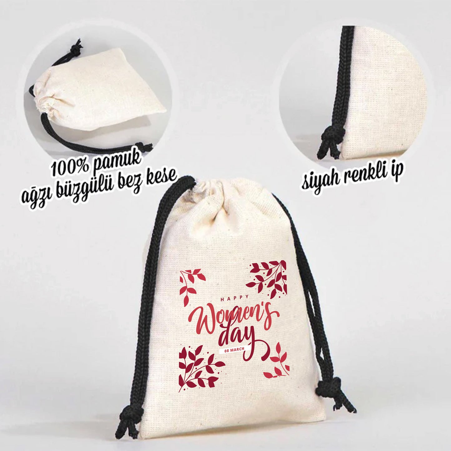 10x13 Siyah İpli Bez Kese – Kadınlar Günü Hediyesi