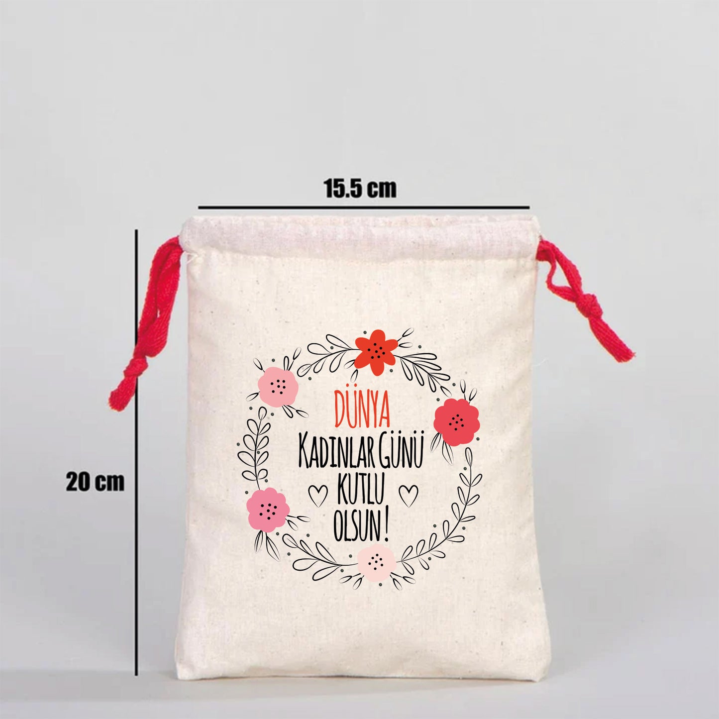 15x20 cm Renkli İp Kırmızı Bez Kese – Kadınlar Günü Kesesi
