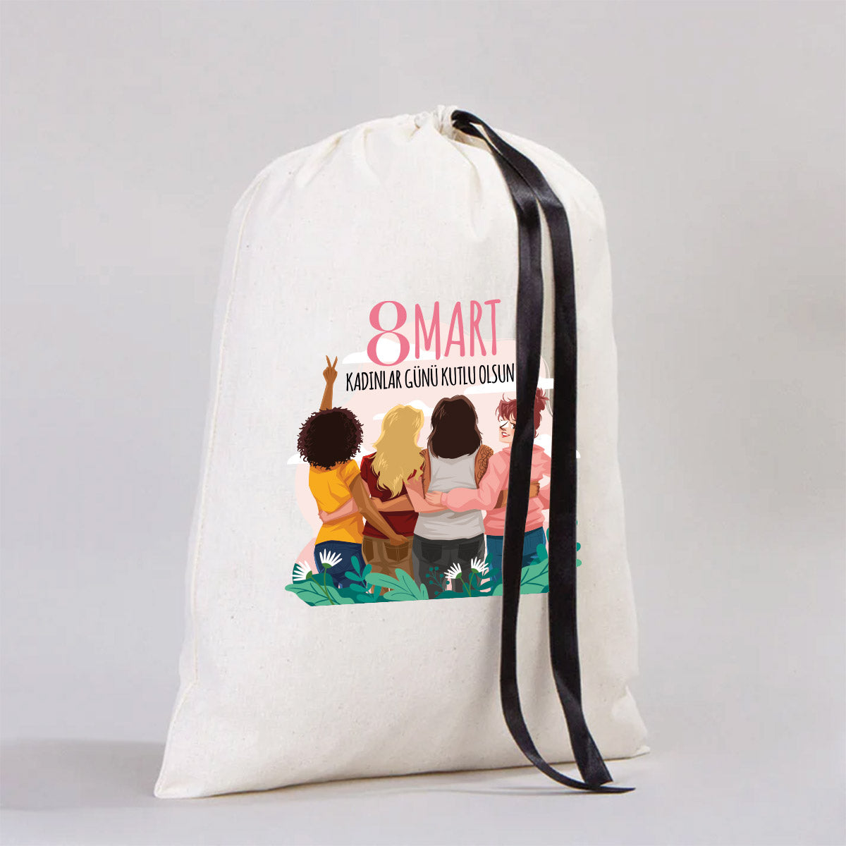 30x40 Siyah Kurdelalı Bez Kese – Kadınlar Günü Hediyesi