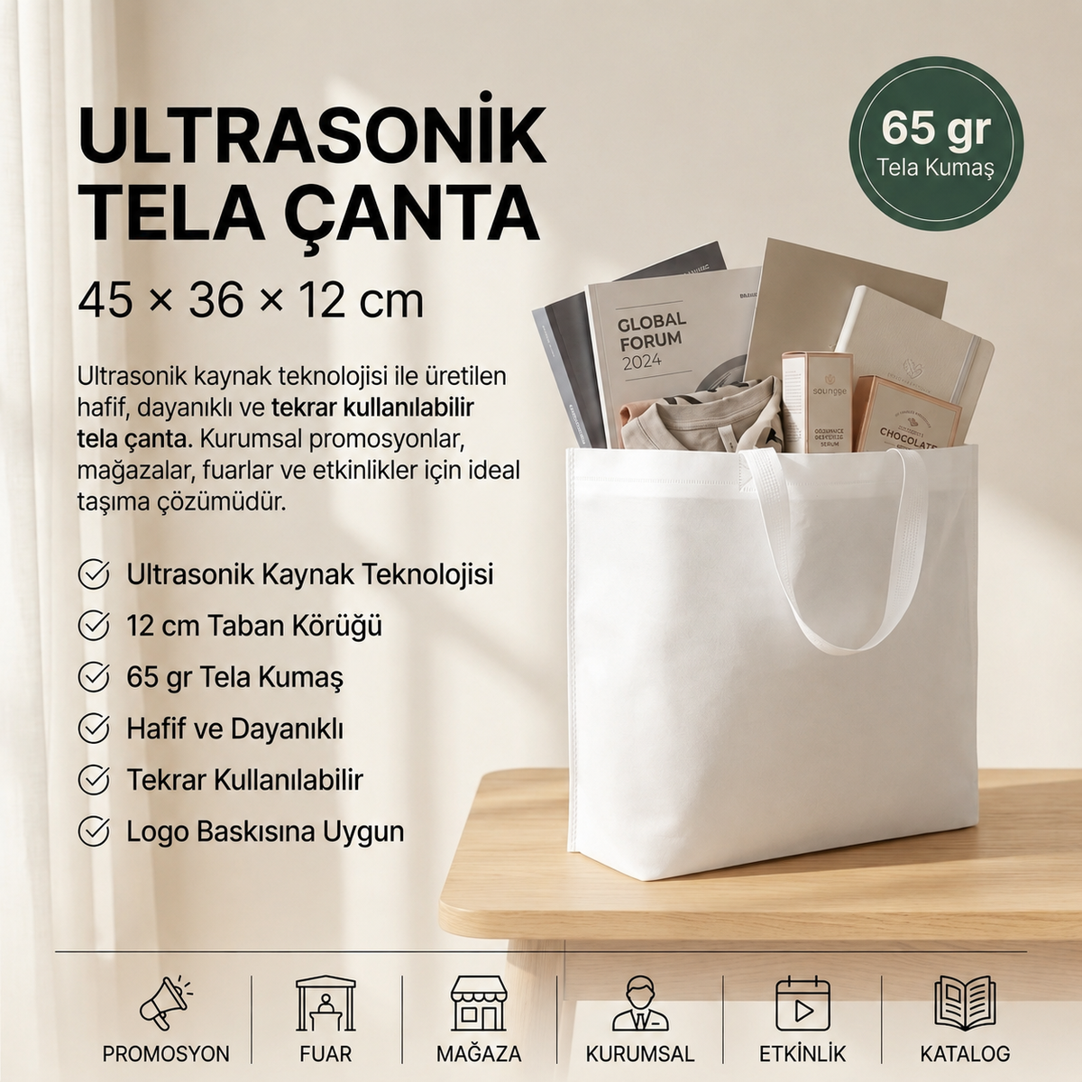 Tela Çanta Ultrasonik - Taban Körüklü 45x36x12cm