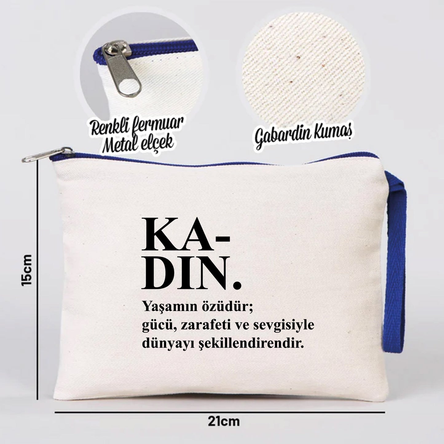 21x15 cm Saks Mavi Fermuarlı  - Kadınlar Günü Hediyesi