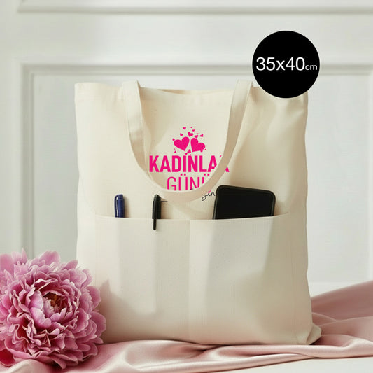 35x40 cm Gabardin Çift Cepli Bez Çanta - Kadınlar Günü