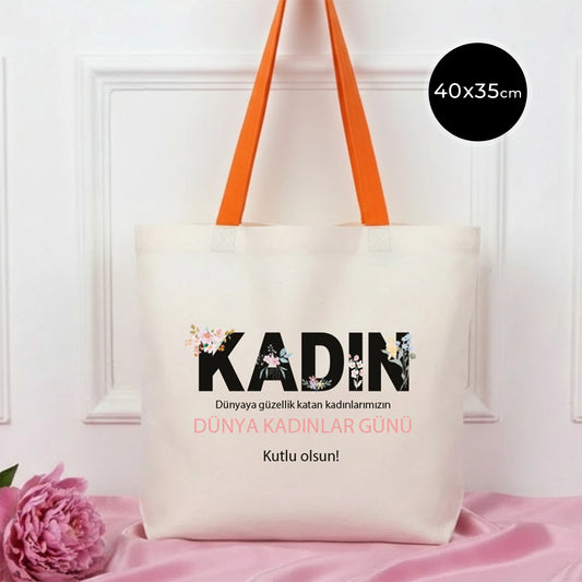 40x35 cm Gabardin Turuncu Kulp Çanta - Kadınlar Günü