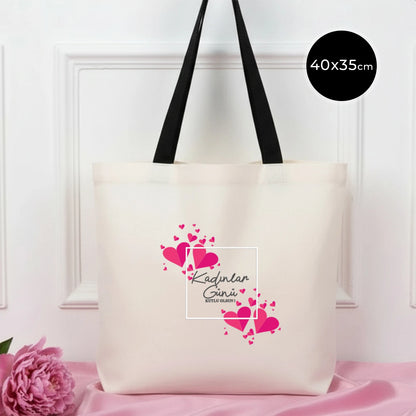 40x35 cm Gabardin Siyah Kulp Çanta - Kadınlar Günü