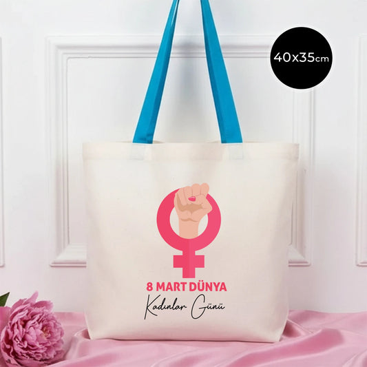 40x35 cm Gabardin Turkuaz Kulp Çanta - Kadınlar Günü
