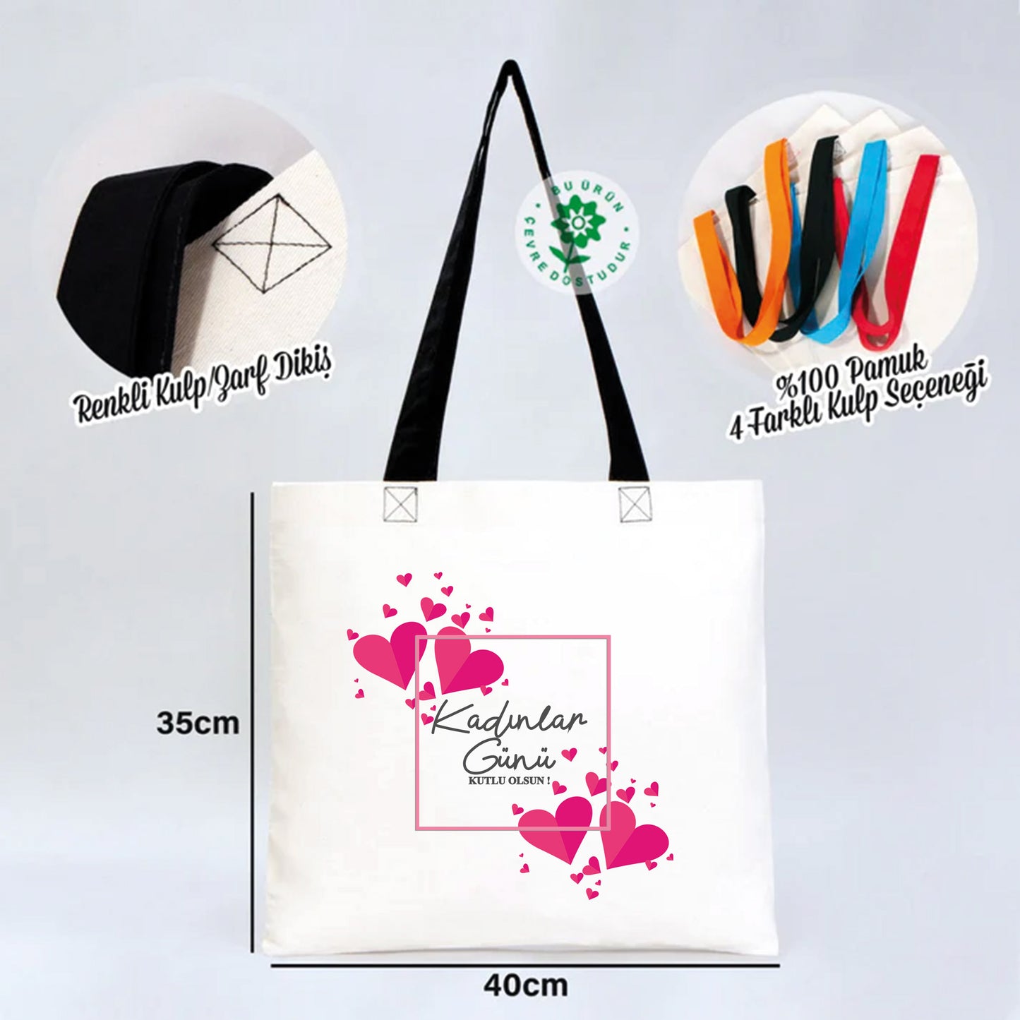 40x35 cm Gabardin Siyah Kulp Çanta - Kadınlar Günü